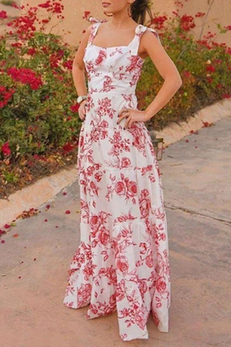 Fashion Sweet Print Patchwork Spaghetti Strap A Line Dresses