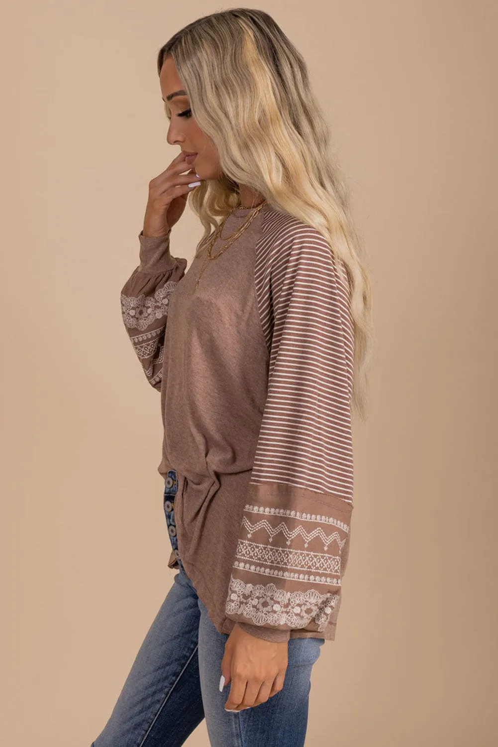 Flaxen Floral Striped Patchwork Loose Long Sleeve Top