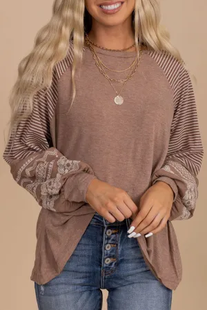Flaxen Floral Striped Patchwork Loose Long Sleeve Top