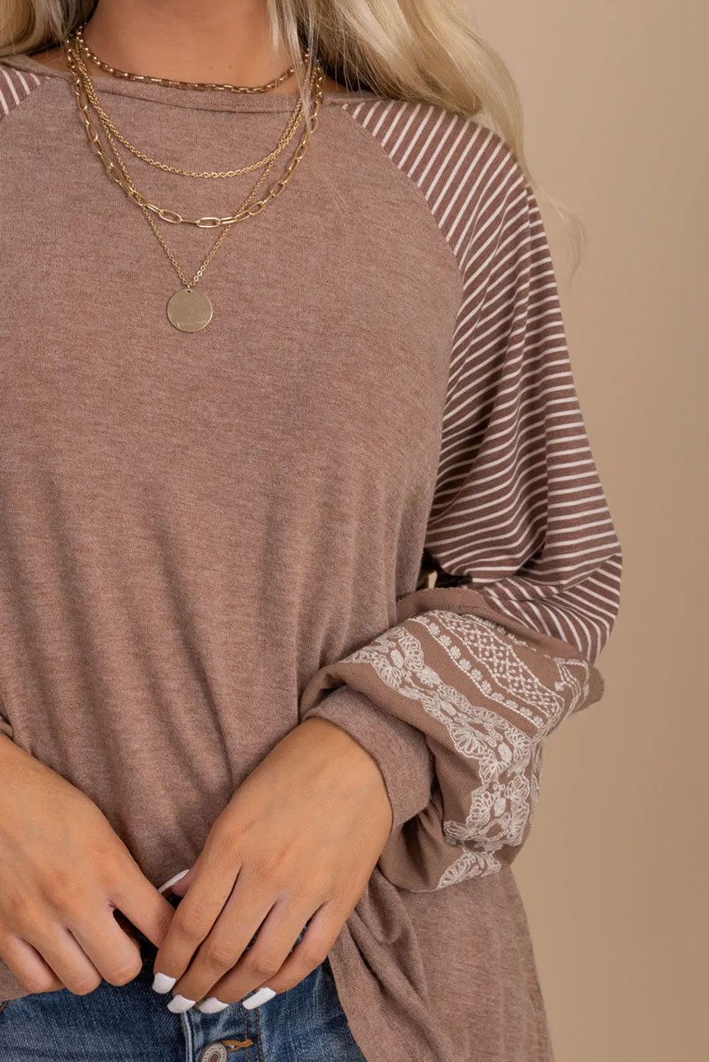 Flaxen Floral Striped Patchwork Loose Long Sleeve Top