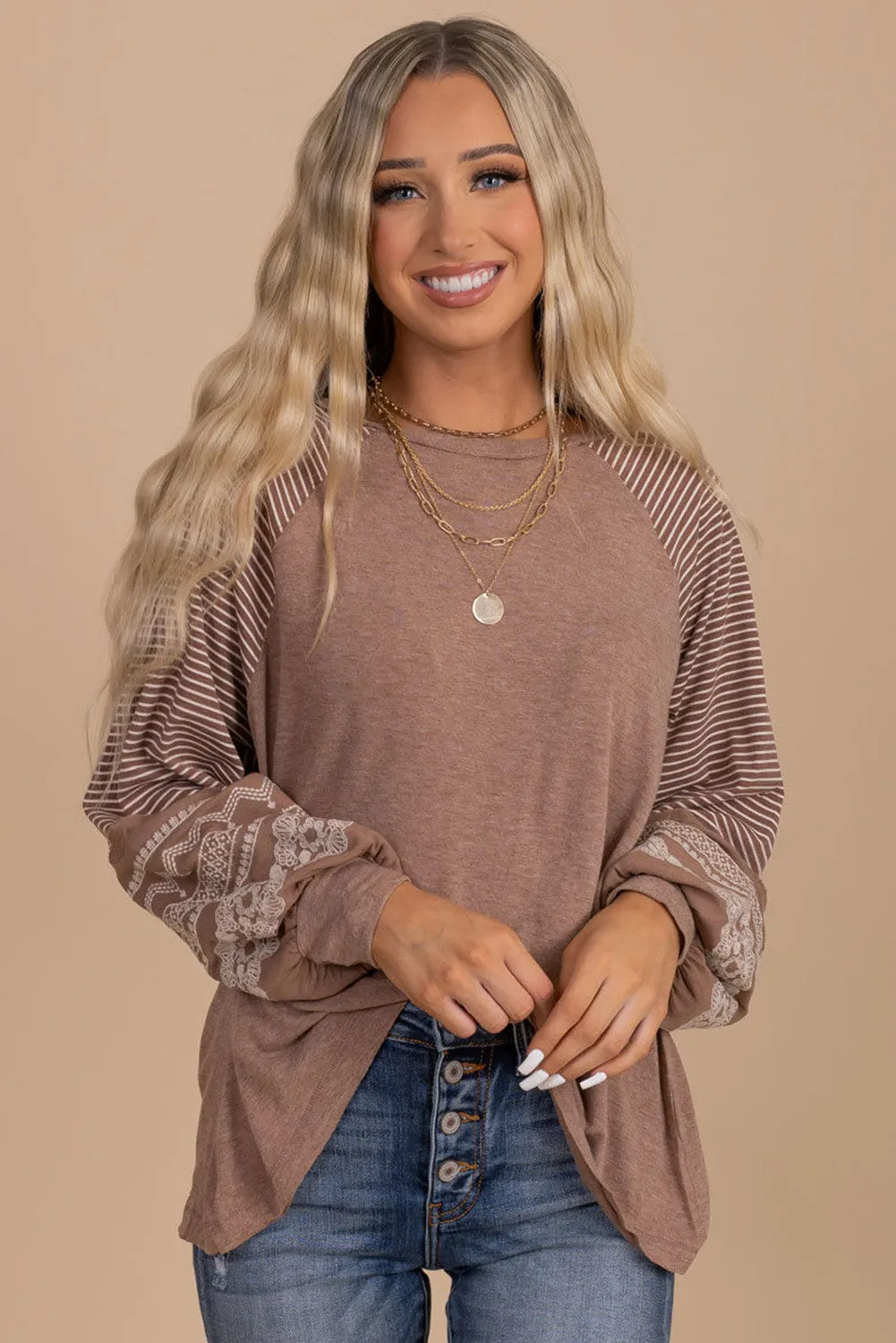 Flaxen Floral Striped Patchwork Loose Long Sleeve Top