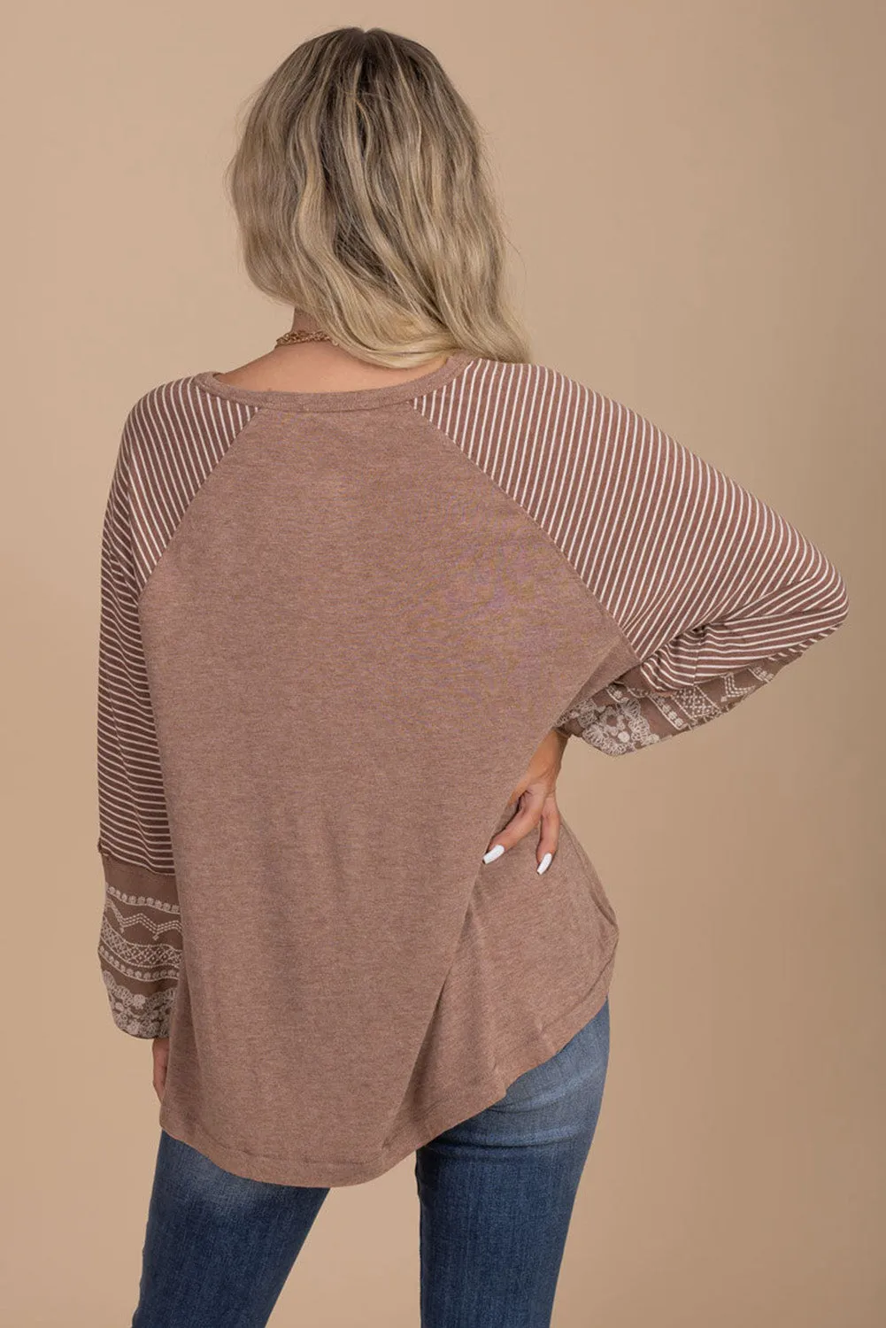 Flaxen Floral Striped Patchwork Loose Long Sleeve Top