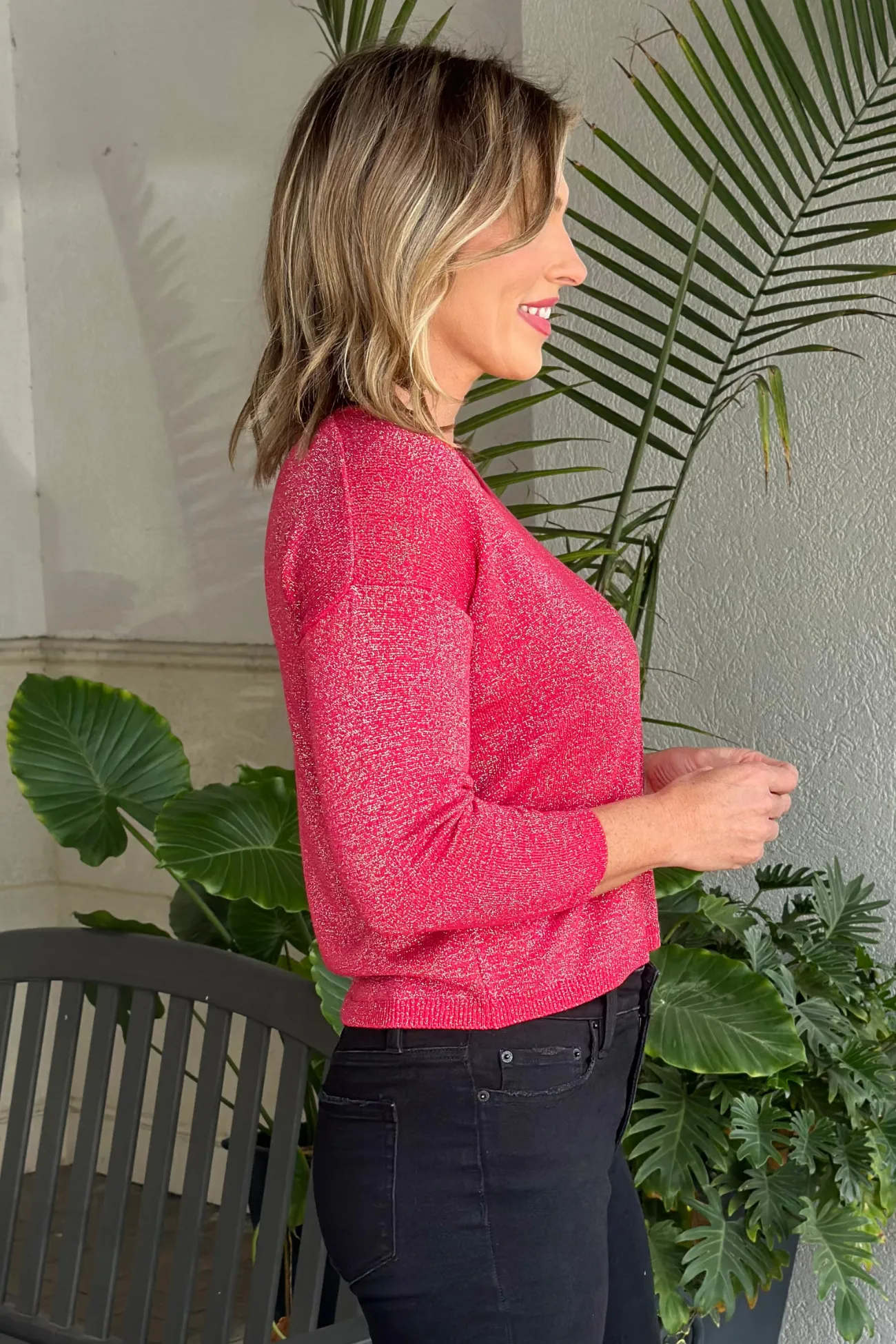 Flora Ashley Red Glitter Metallic V-Neck Top