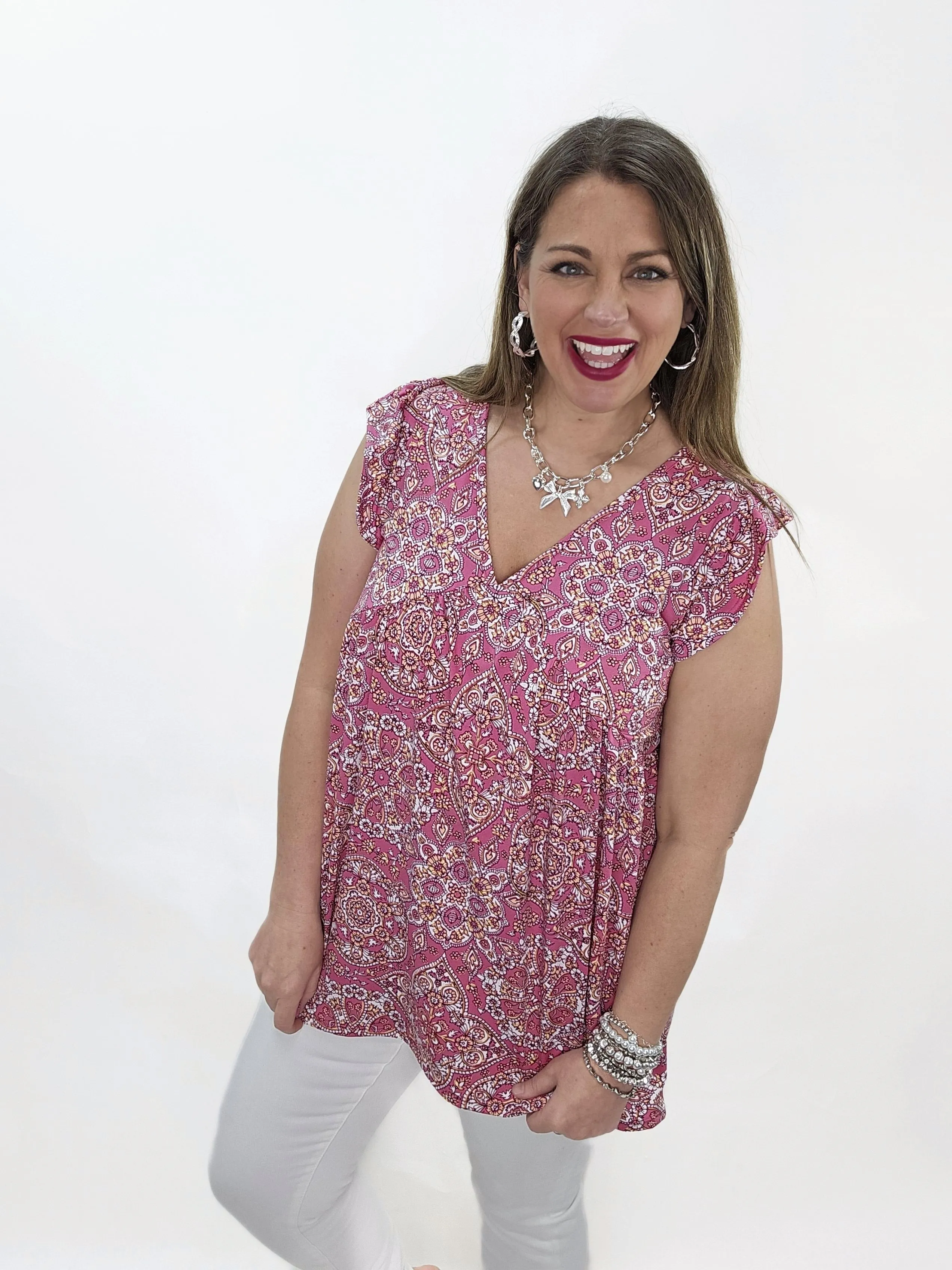 FUCHSIA PRINTED V NECK KNIT FLOWY TOP