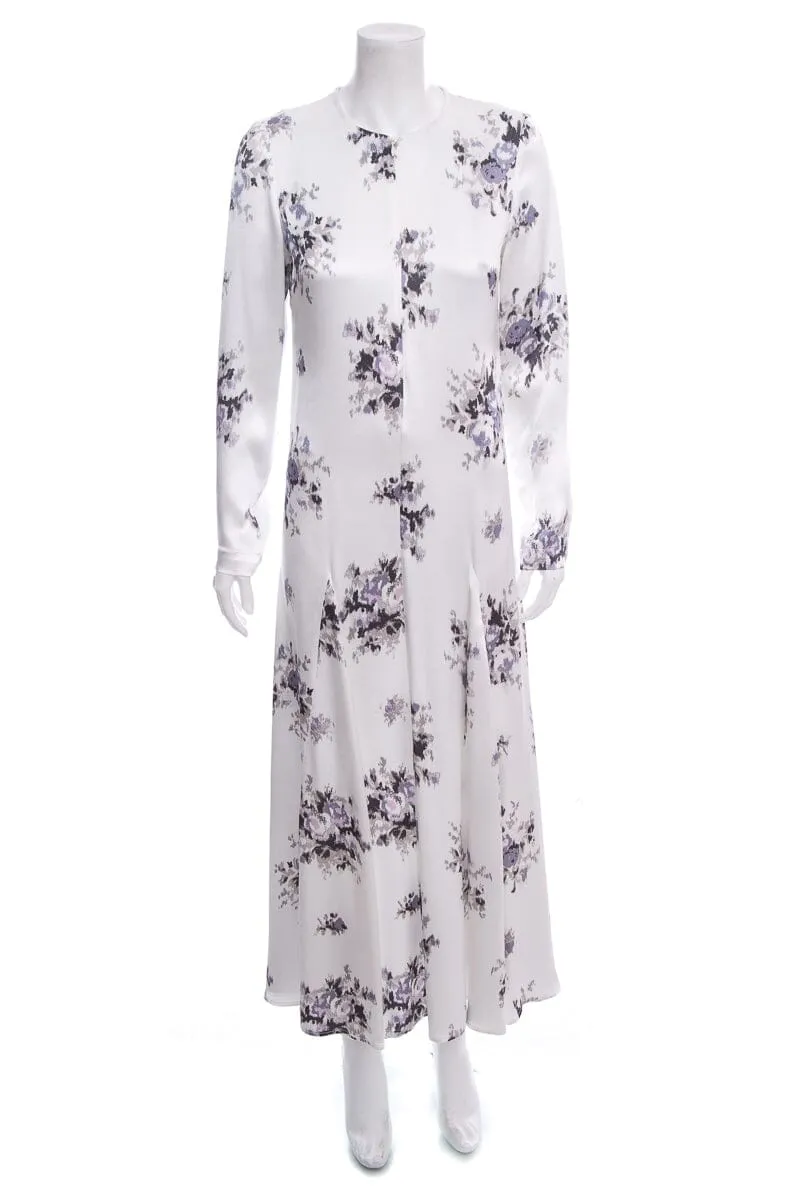 Ganni White Satin Long Sleeve Printed Maxi Dress SZ 34