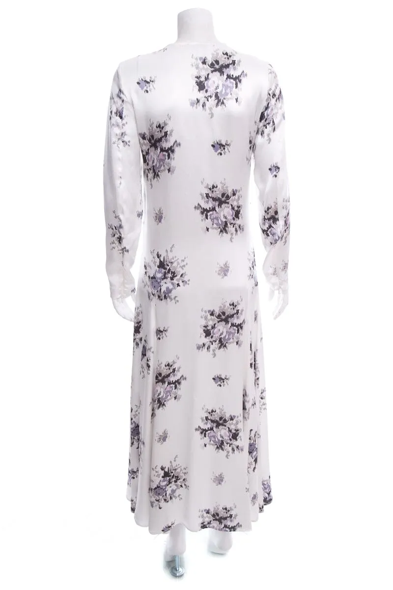Ganni White Satin Long Sleeve Printed Maxi Dress SZ 34