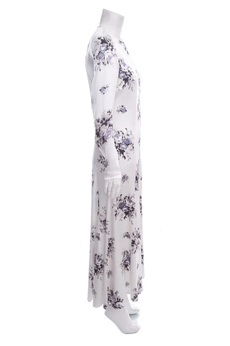 Ganni White Satin Long Sleeve Printed Maxi Dress SZ 34