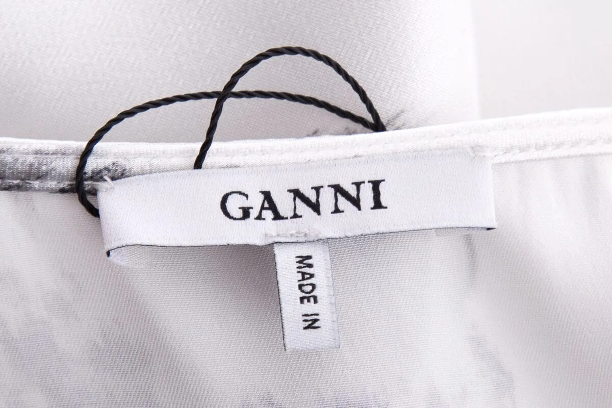 Ganni White Satin Long Sleeve Printed Maxi Dress SZ 34