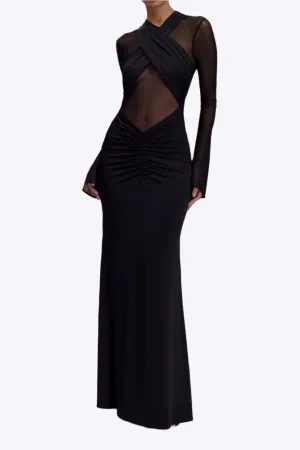 Gillian - Elegant Crossed Mesh Sheer Design Woman's Maxi Dress