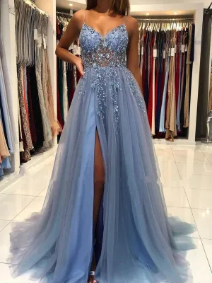 Gorgeous V Neck Open Back Smoky Gray Beaded Long Prom, High Slit Smoky Grey Long Formal Evening