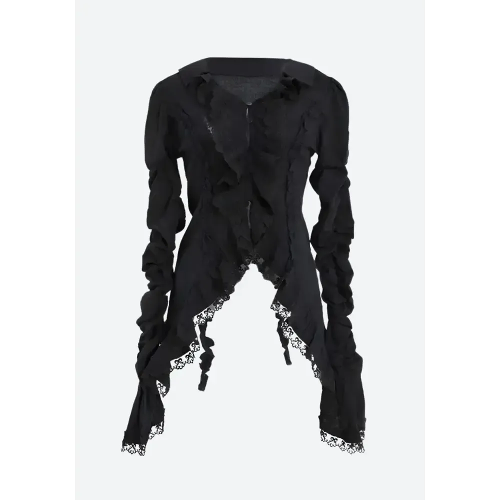 Goth Asymmetric Ruched Sleeve Shirt with Lace and Ruffles