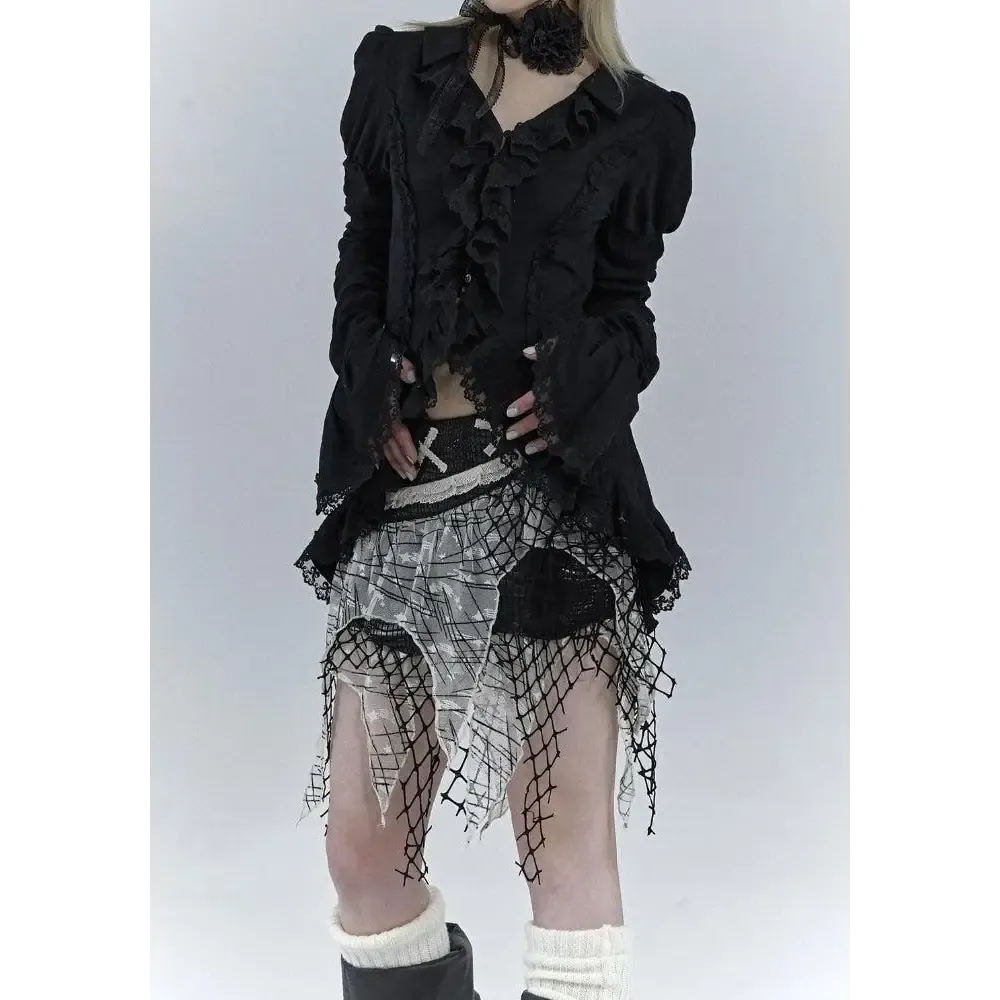 Goth Asymmetric Ruched Sleeve Shirt with Lace and Ruffles