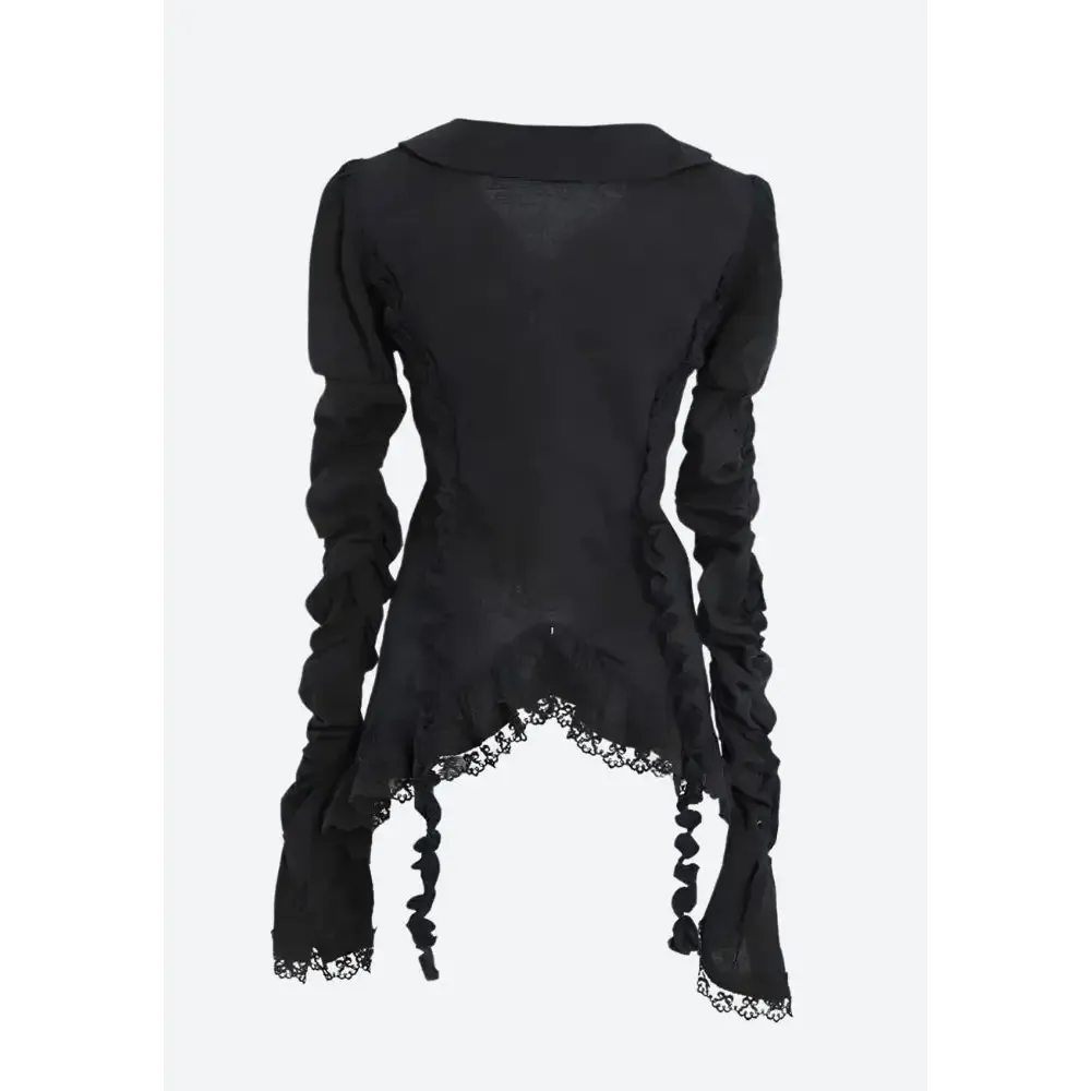 Goth Asymmetric Ruched Sleeve Shirt with Lace and Ruffles