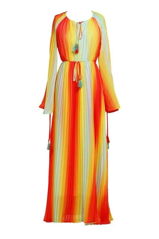 Gradient Pleated Maxi Dress with Banded Waist