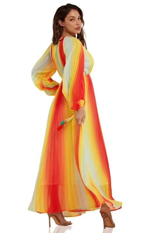 Gradient Pleated Maxi Dress with Banded Waist
