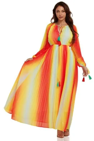 Gradient Pleated Maxi Dress with Banded Waist
