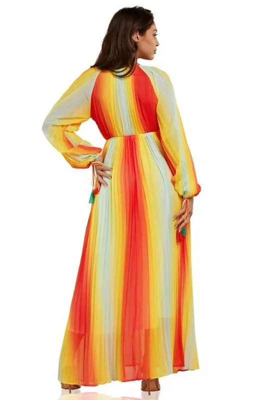 Gradient Pleated Maxi Dress with Banded Waist
