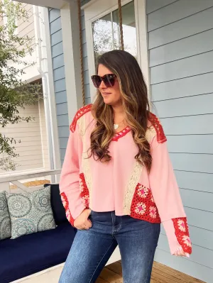 Granny Square & Lace Sweater by POL - Pink/Red