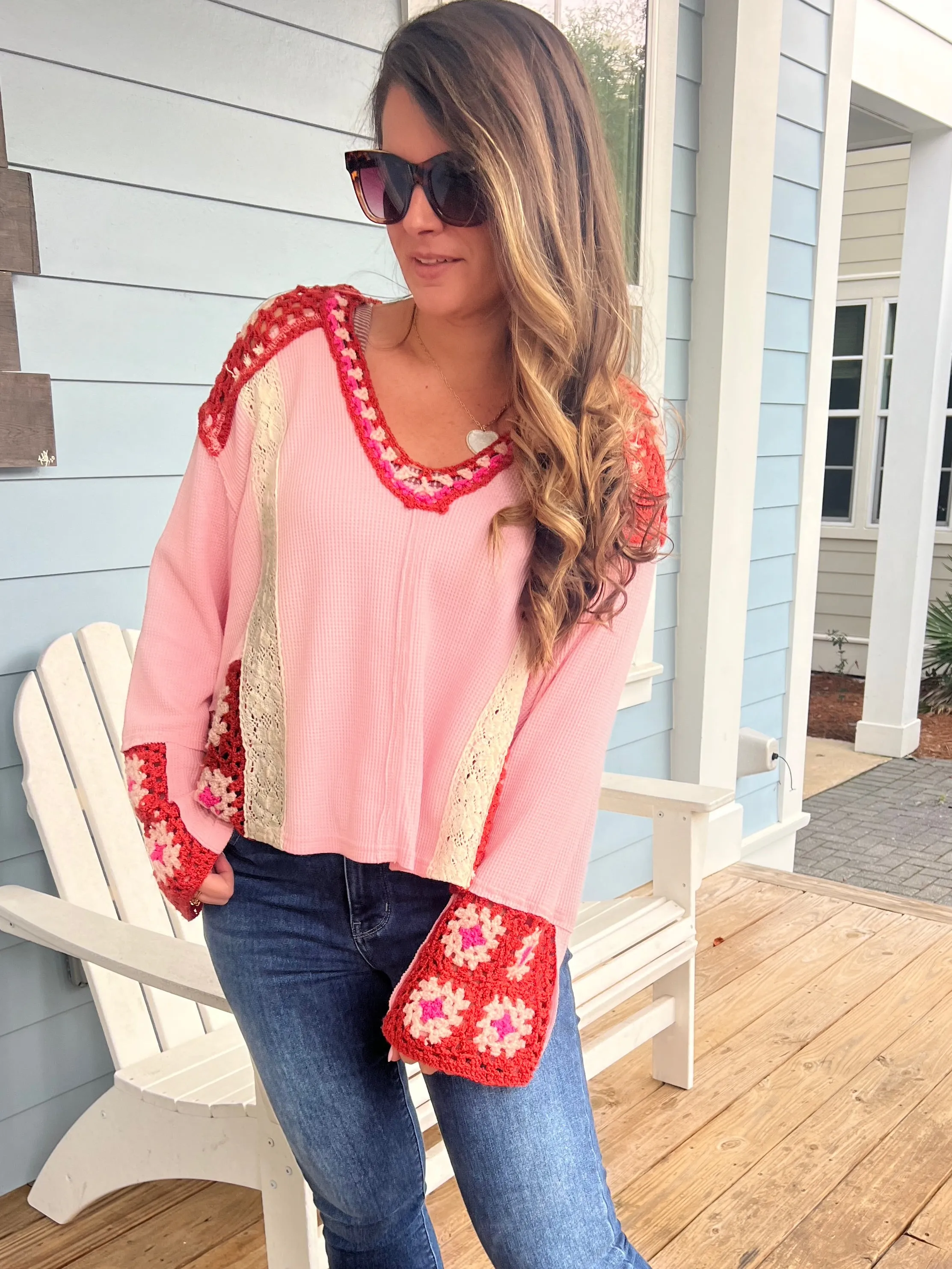 Granny Square & Lace Sweater by POL - Pink/Red