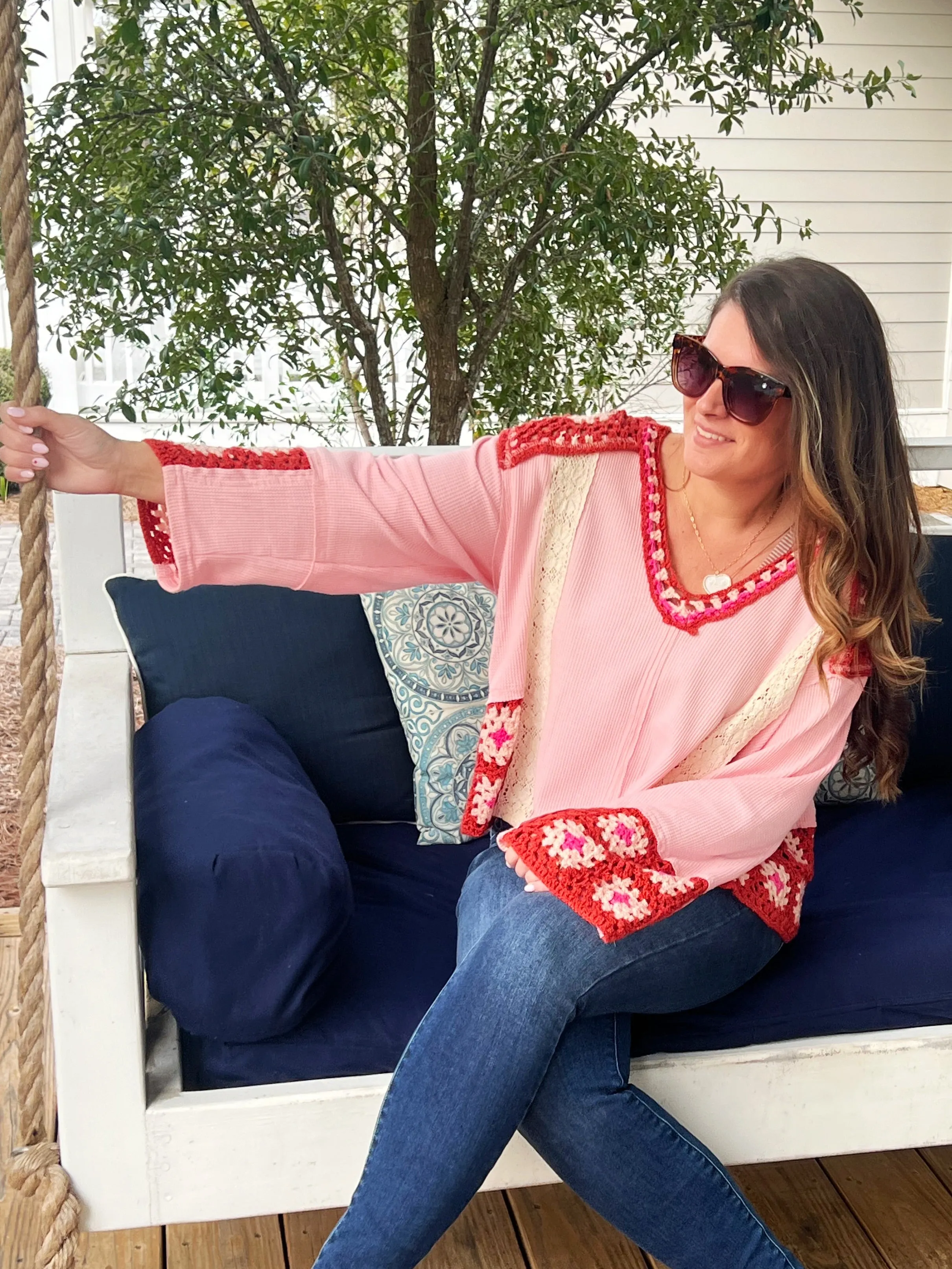 Granny Square & Lace Sweater by POL - Pink/Red