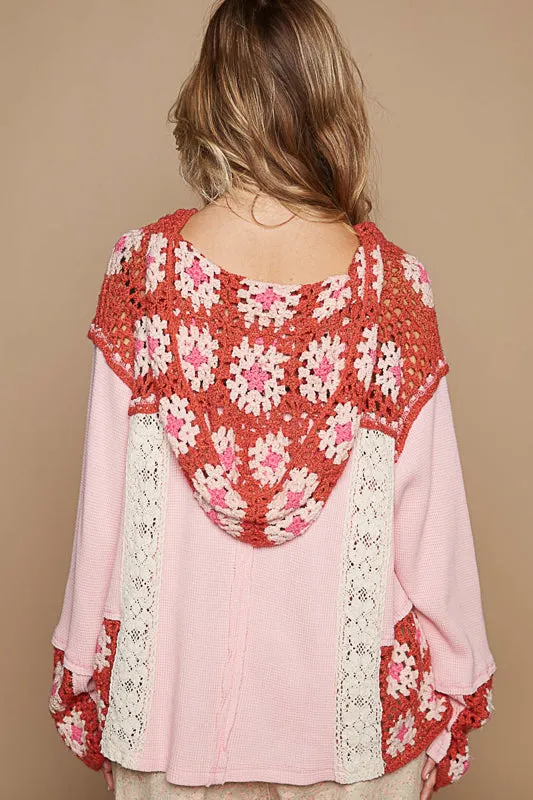 Granny Square & Lace Sweater by POL - Pink/Red