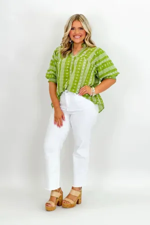 Green Embroidered Detail Short Sleeve Top