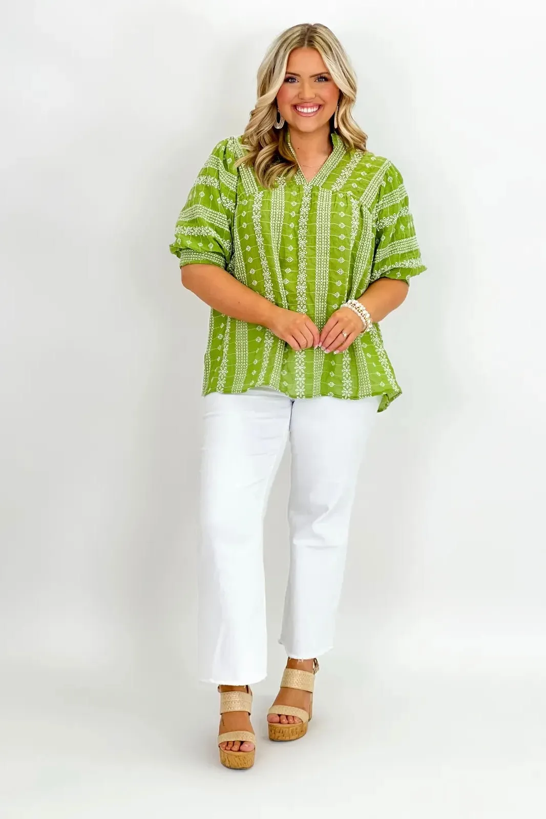 Green Embroidered Detail Short Sleeve Top
