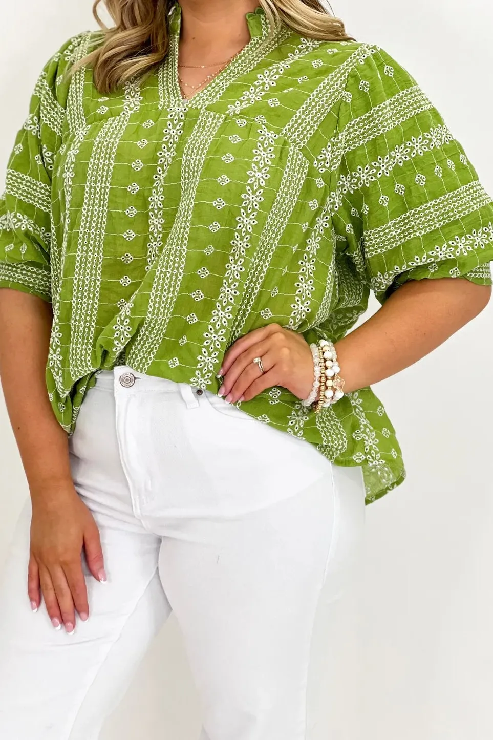 Green Embroidered Detail Short Sleeve Top