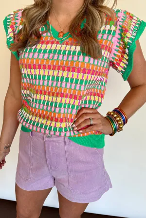 Green Printed Cap Sleeve Ribbed Trim Sweater