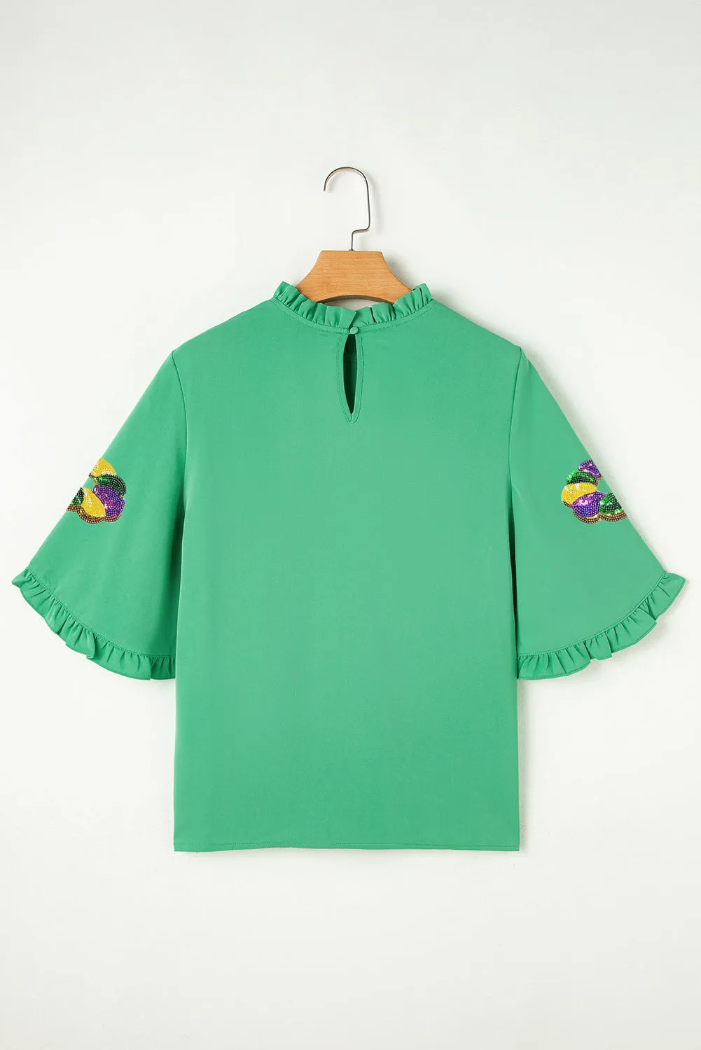 Green Sequin Doughnut Graphic Ruffled Trim Bell Sleeve Mardi Gras Blouse