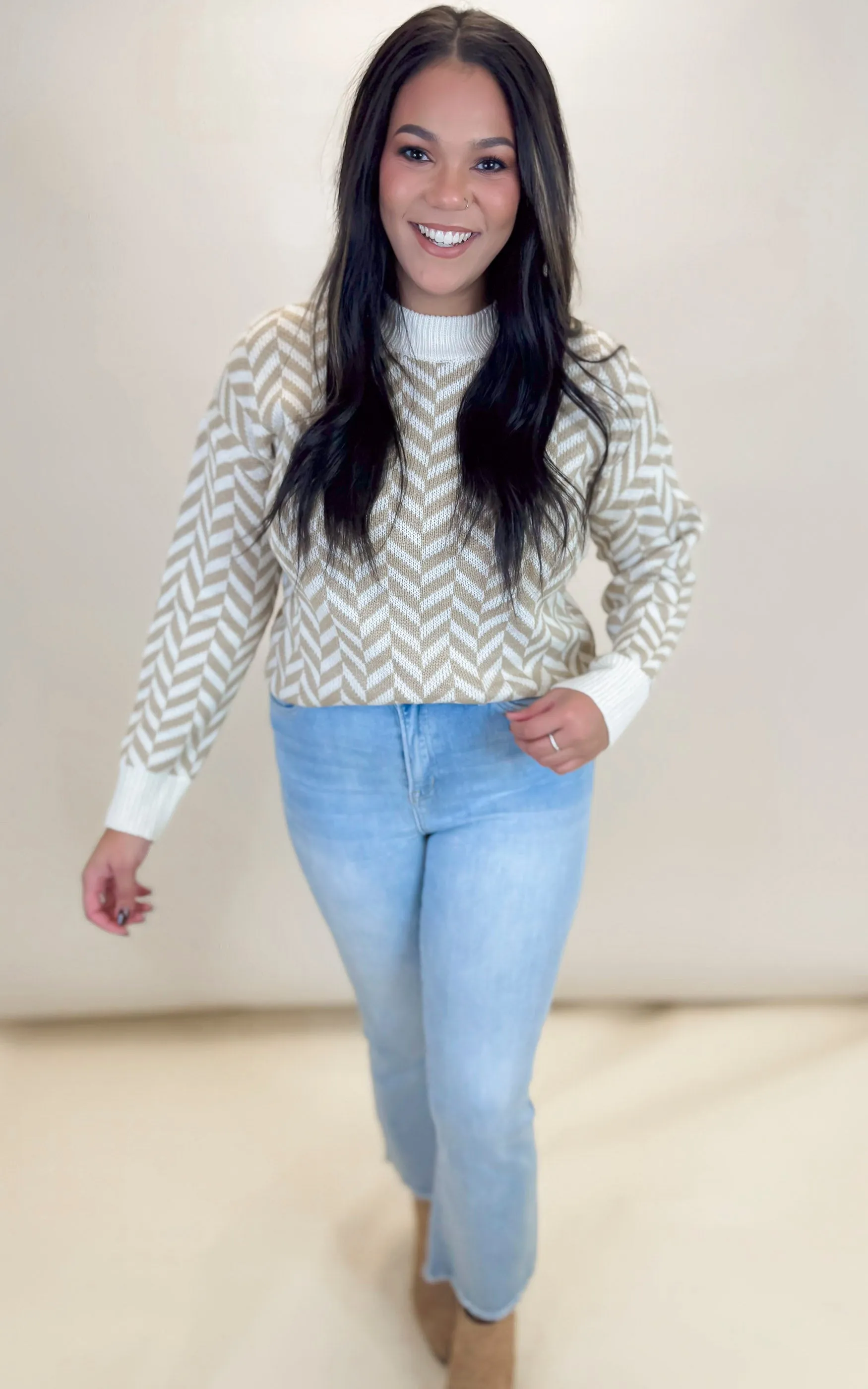 High Neck Herring Bone Knit Sweater - Final Sale