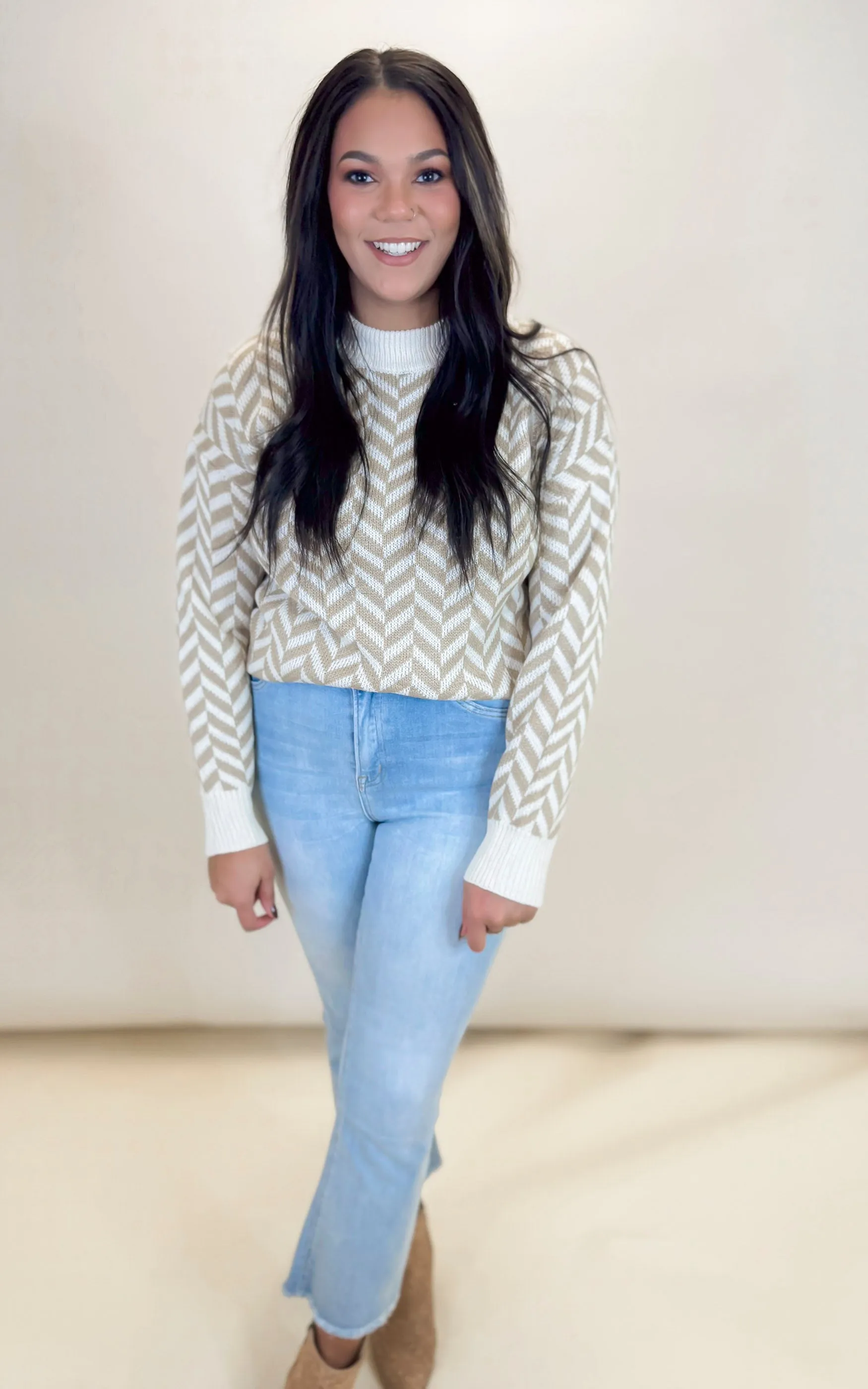 High Neck Herring Bone Knit Sweater - Final Sale