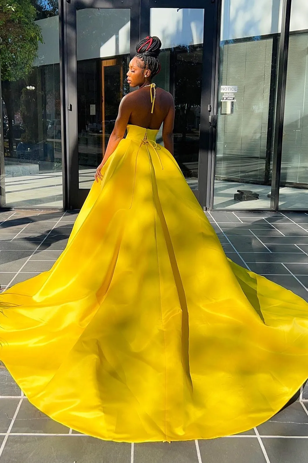 Hot Yellow Halter Open Back Beads Side Slit Ball Gown Prom Dress