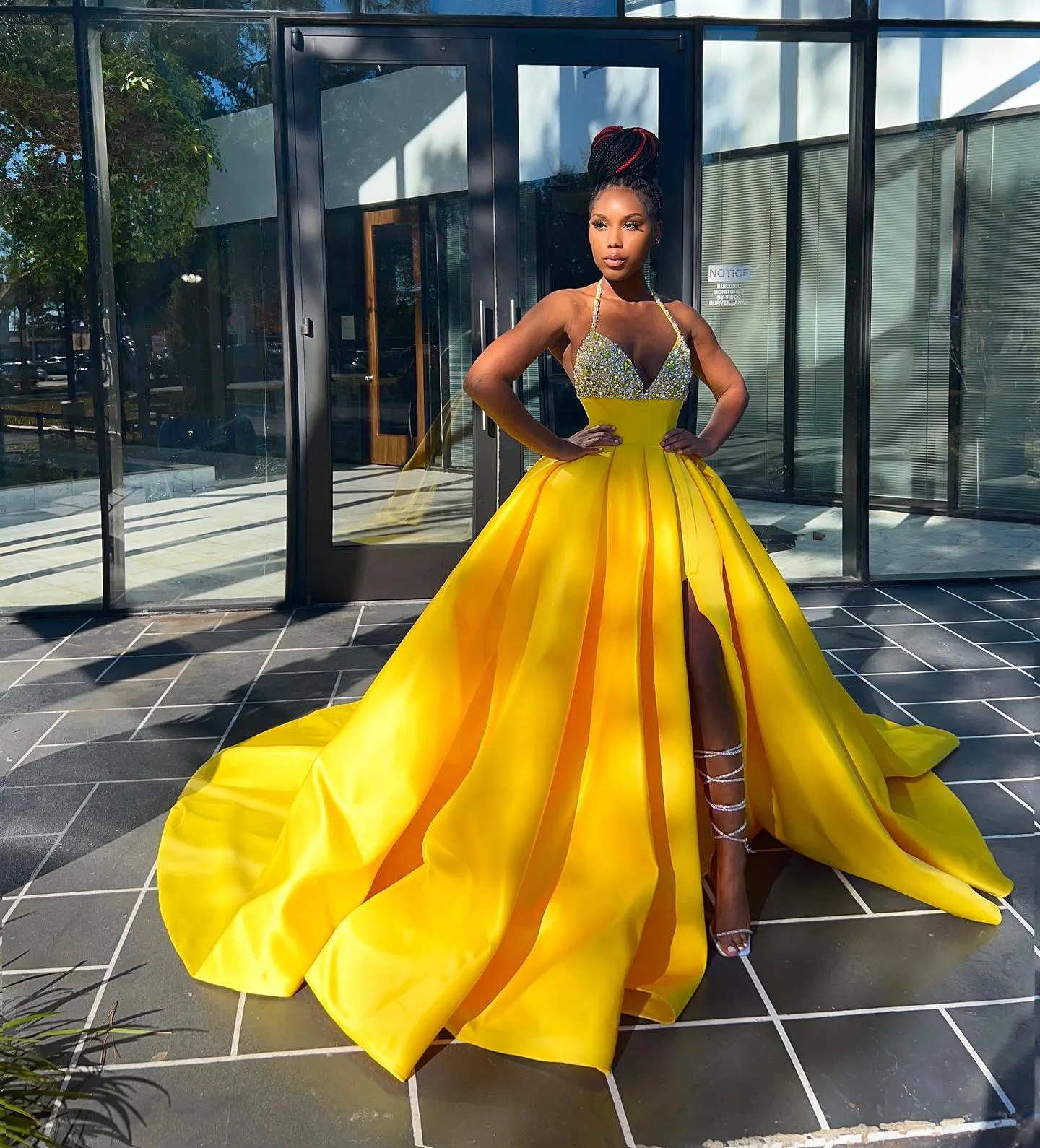 Hot Yellow Halter Open Back Beads Side Slit Ball Gown Prom Dress