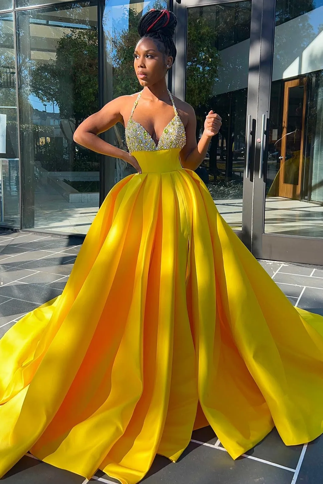 Hot Yellow Halter Open Back Beads Side Slit Ball Gown Prom Dress