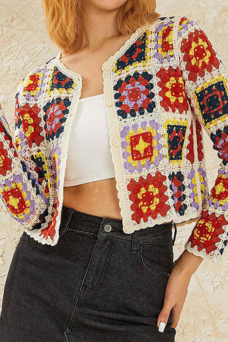 HWT1329 Retro Crochet Patchwork Cardigan
