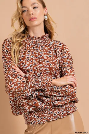 JACQUARD BURNT-OUT ANIMAL PRINTED CHIFFON SMOCKED LONG SLEEVE TOP