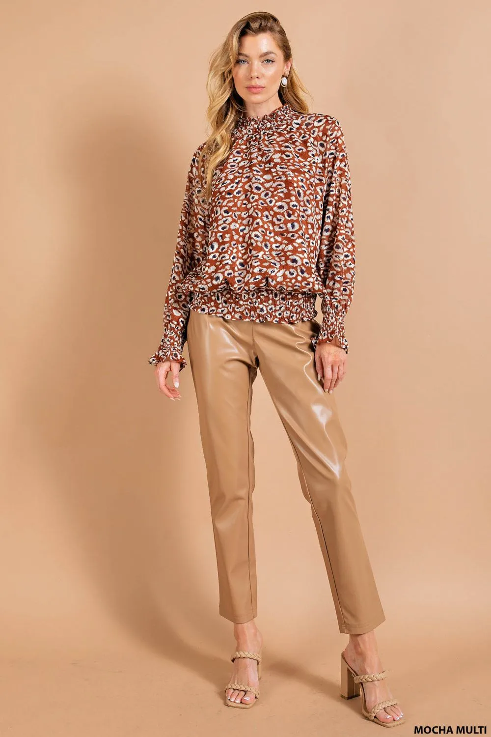 JACQUARD BURNT-OUT ANIMAL PRINTED CHIFFON SMOCKED LONG SLEEVE TOP