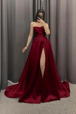 JazzHer Elegant A line Sweetheart Burgundy Slit Satin Prom Dresses Long Evening Dress (PRE-ORDER)