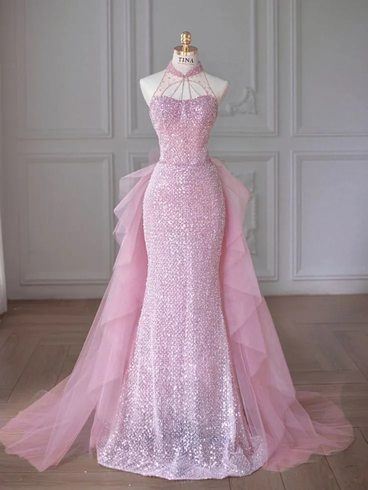 JazzHer Elegant Mermaid High Neckline Sequin Pink Sleeveless Long Prom Dresses (PRE-ORDER)