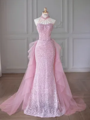 JazzHer Elegant Mermaid High Neckline Sequin Pink Sleeveless Long Prom Dresses (PRE-ORDER)