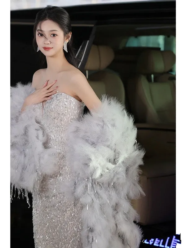 JazzHer Elegant Mermaid Sweetheart Neckline Silver Sequin Evening Dress Long Prom Dresses (PRE-ORDER)