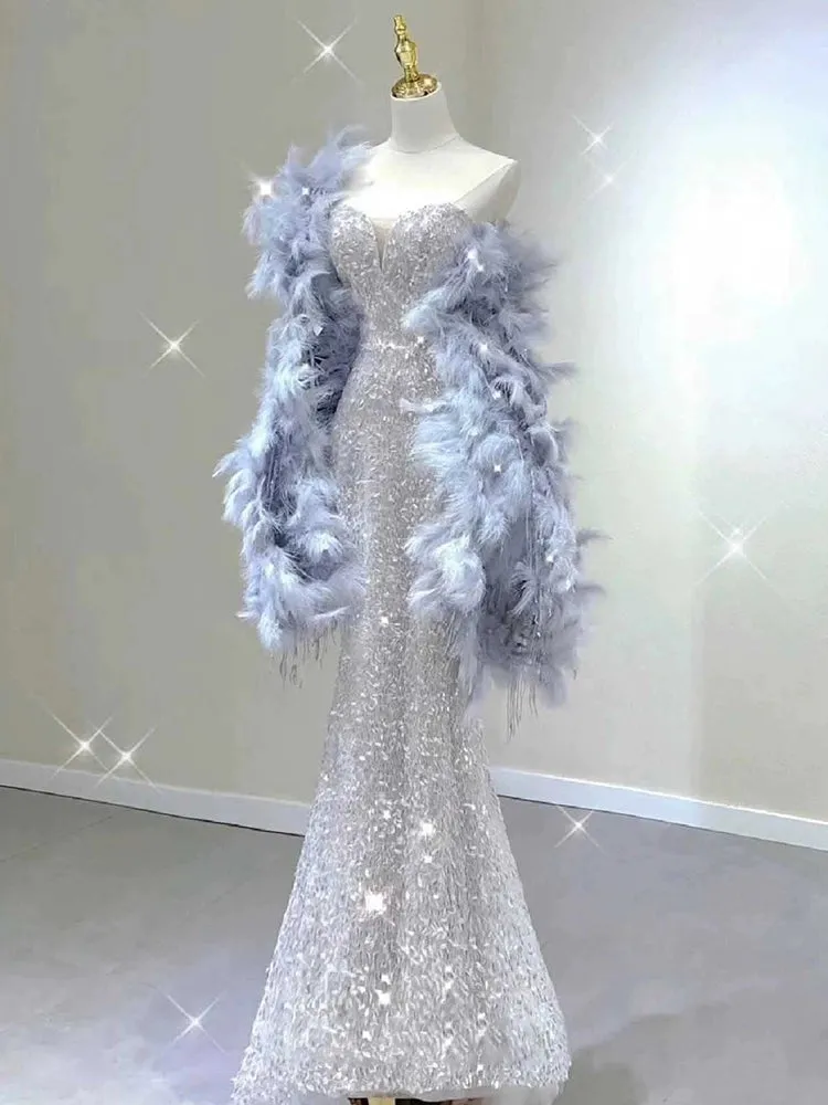 JazzHer Elegant Mermaid Sweetheart Neckline Silver Sequin Evening Dress Long Prom Dresses (PRE-ORDER)