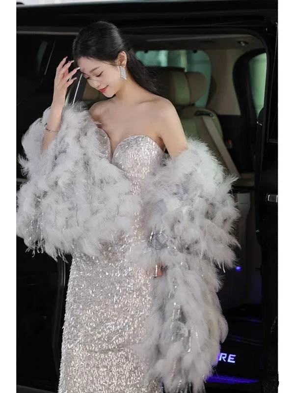 JazzHer Elegant Mermaid Sweetheart Neckline Silver Sequin Evening Dress Long Prom Dresses (PRE-ORDER)
