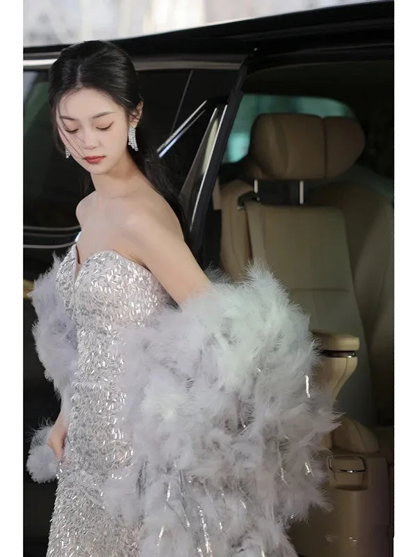 JazzHer Elegant Mermaid Sweetheart Neckline Silver Sequin Evening Dress Long Prom Dresses (PRE-ORDER)