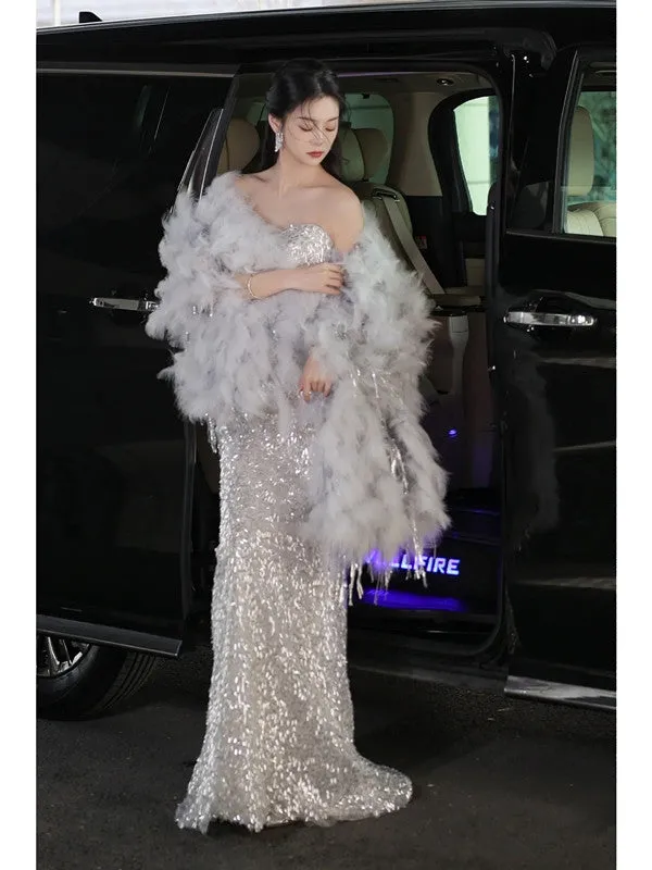 JazzHer Elegant Mermaid Sweetheart Neckline Silver Sequin Evening Dress Long Prom Dresses (PRE-ORDER)