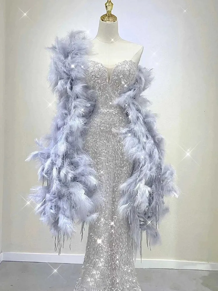 JazzHer Elegant Mermaid Sweetheart Neckline Silver Sequin Evening Dress Long Prom Dresses (PRE-ORDER)