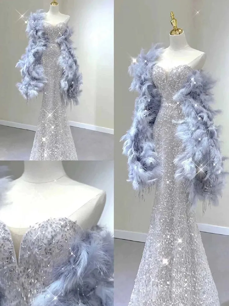 JazzHer Elegant Mermaid Sweetheart Neckline Silver Sequin Evening Dress Long Prom Dresses (PRE-ORDER)