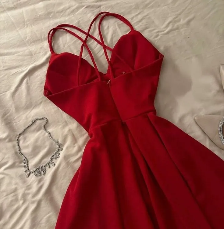 JazzHer Gorgeous A Line Spaghetti Straps Red Knee Length Prom Dresses Evening Dress Wedding Guest Dress (PRE-ORDER)