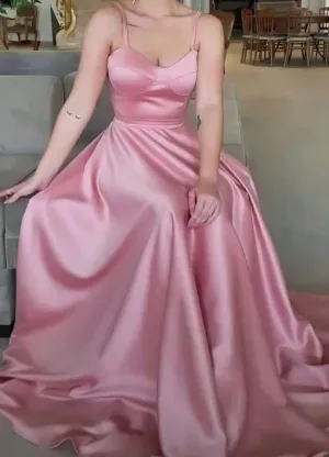 JazzHer Simple A Line Spaghetti Straps Sleeveless Pink Satin Prom Dresses Long Evening Dress (PRE-ORDER)